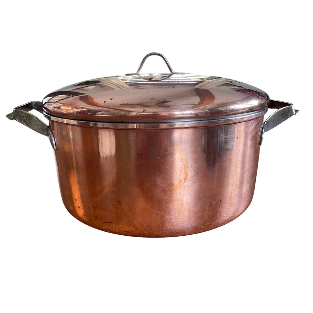 Vintage Copper Stock Pot with Lid Stainless Steel Lining 9 Inch Dutch Oven Pot